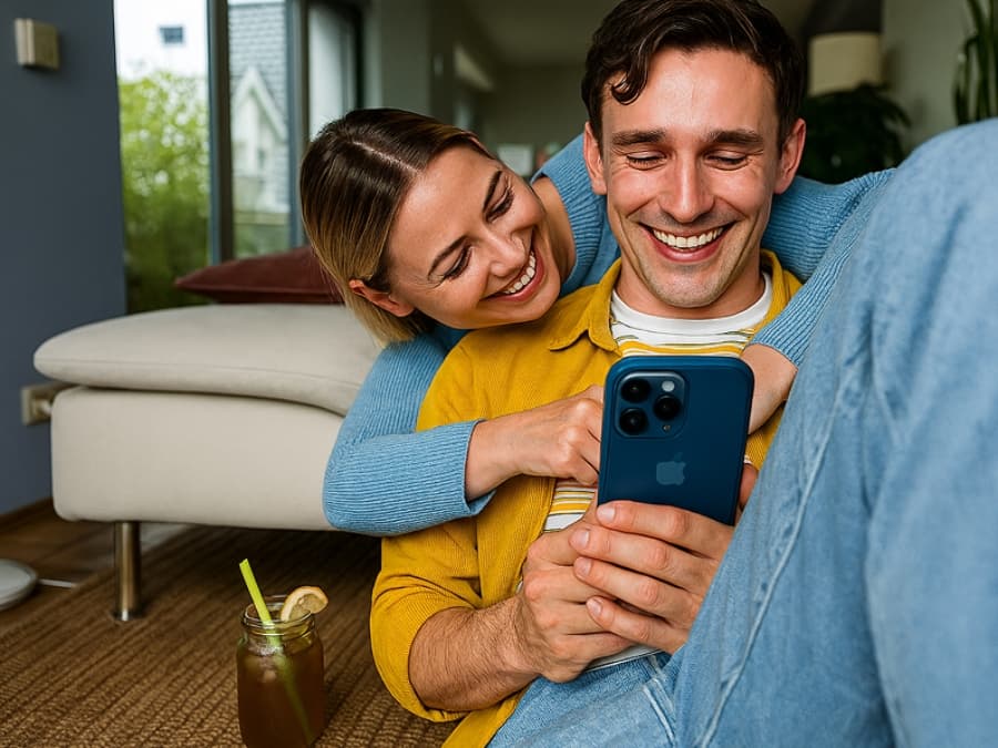Paar auf dem Sofa schaut gemeinsam aufs Smartphone